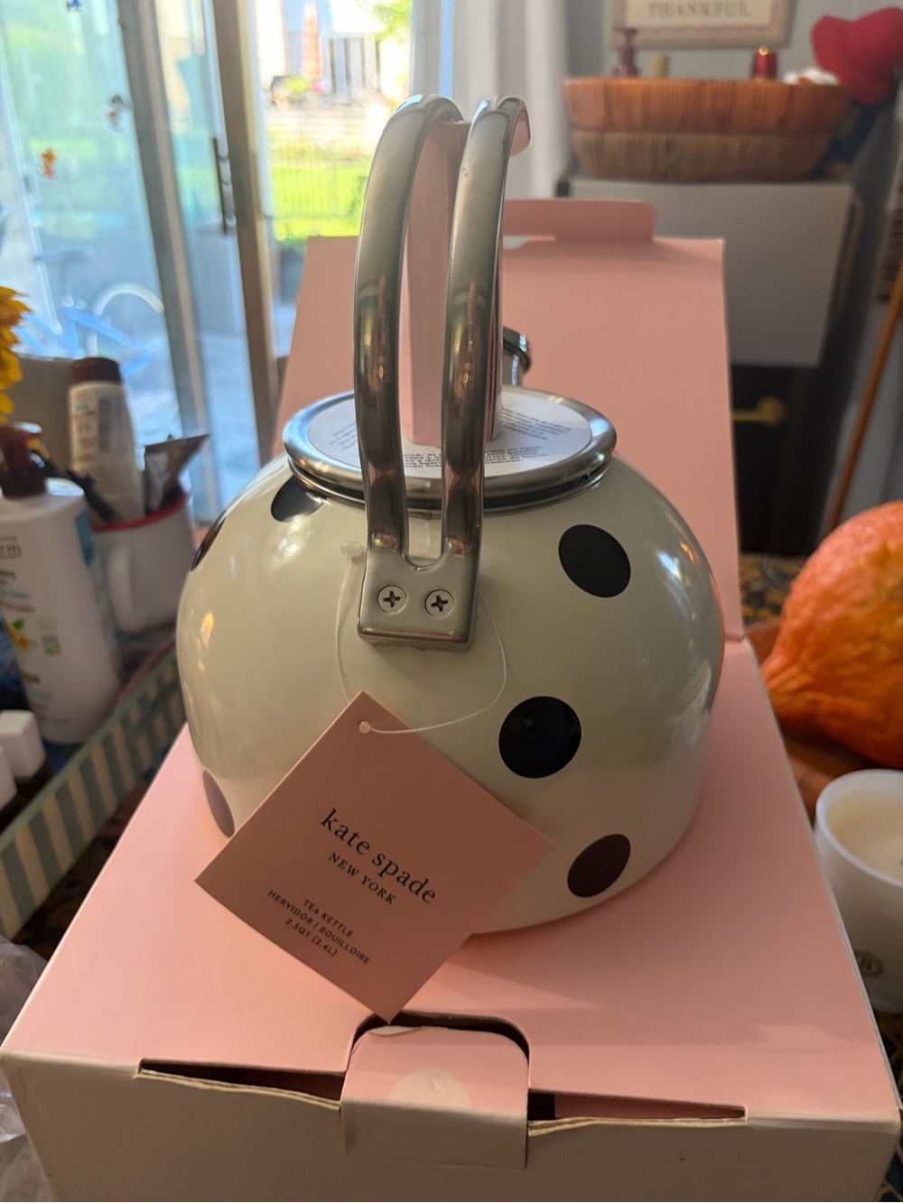 kate spade Cream Teakettle with Black Polka Dots and Silver Handle